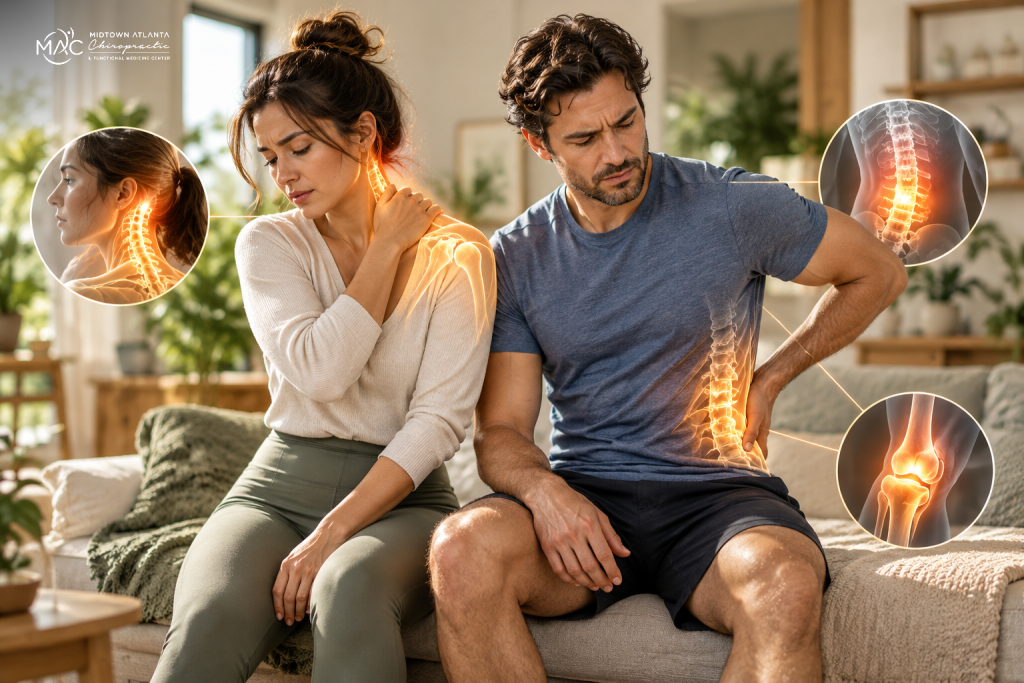 Man and woman experiencing back, neck, and joint pain with highlighted spine and joint illustrations.